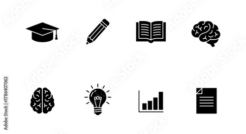 Educational icon set featuring graduation, learning, and knowledge symbols