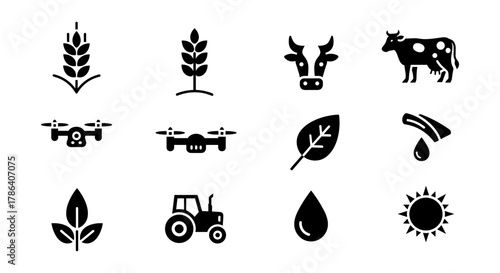 Farm and technology icons: agriculture, drone, nature, cow, tractor, sun