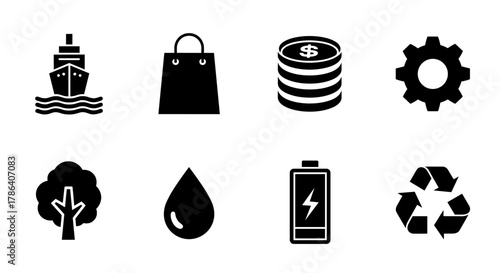Minimalist icon set: transportation, shopping, economy, technology, nature, energy, recycling