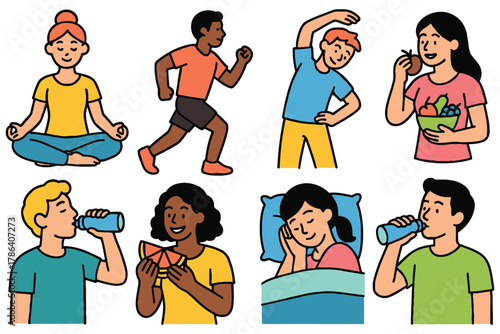 Diverse people engaged in healthy lifestyle activities like yoga running eating sleeping and drinking