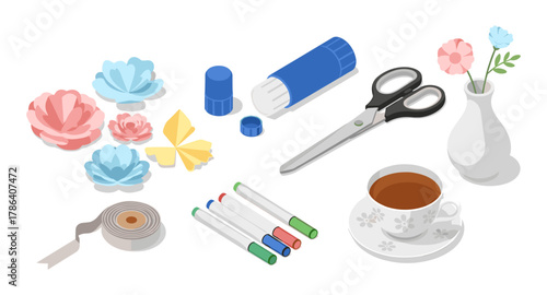 Crafting tools and tea in isometric style