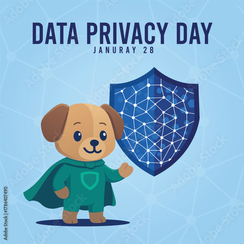 Data Privacy Day Awareness Template with a Cute Superhero Dog and Shield