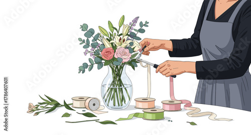Floral arrangement in vase with hands tying ribbons