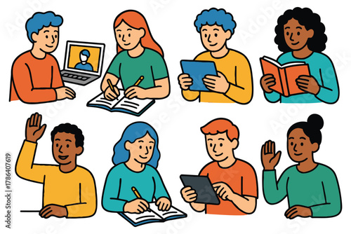 Diverse group of students learning and studying together in a classroom setting