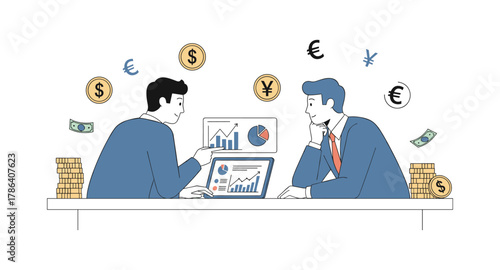 Businessmen analyzing global financial data with currency symbols and charts