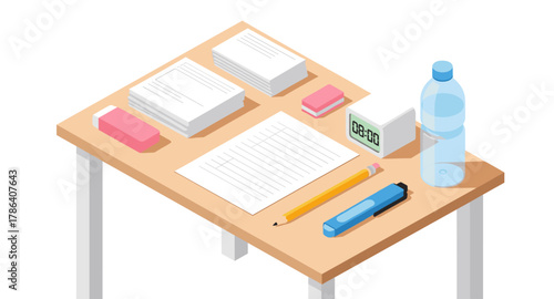 Organized desk with stationery and digital clock in isometric style