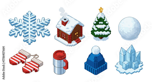 Isometric winter icons set: snowflake, cabin, tree, snowball, mittens, mug, beanie, crystals