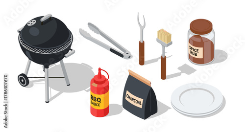 Isometric barbecue set with grill, tools, and condiments for outdoor cooking enthusiasts