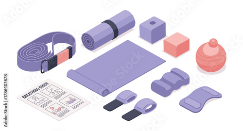 Yoga and fitness equipment set in pastel colors with breathing guide in isometric style