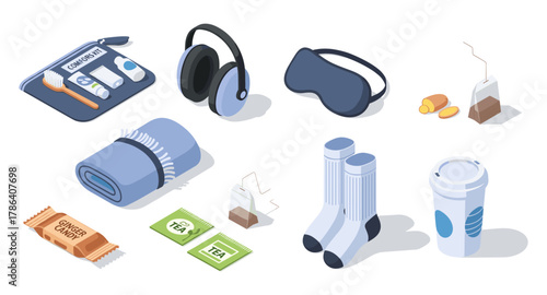 Essential travel items: isometric views of comfort and relaxation products