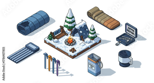 Winter camping essentials isometric set with tent, campfire, and gear