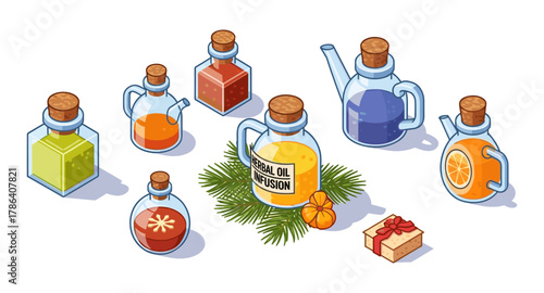 Herbal oil infusion with colorful bottles and natural elements in isometric style
