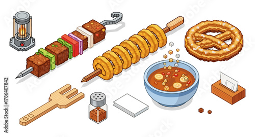 Delicious isometric bbq and snack set with skewers, pretzel, and soup in cartoon style
