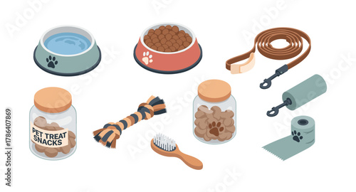 Isometric pet supplies: bowls, toys, and leash set for dogs and cats