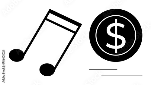 Musical notes paired with a dollar sign coin evoke themes of music business, monetization, royalties, innovation, sound design, and creative economy. Ideal for profit, achievement, simple flat