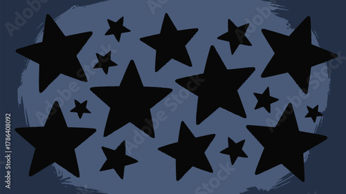 Bold black stars scattered across a textured deep blue background creating a dynamic, eye catching abstract pattern perfect for modern design projects