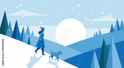 Serene Winter Landscape Illustration Featuring a Person and a Dog Walking on a Snowy Hillside Under a Full Moon