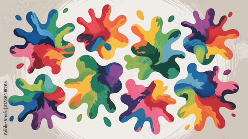 Vibrant, abstract paint splashes in a rainbow of colors burst across a textured beige background, evoking creativity and playful energy.