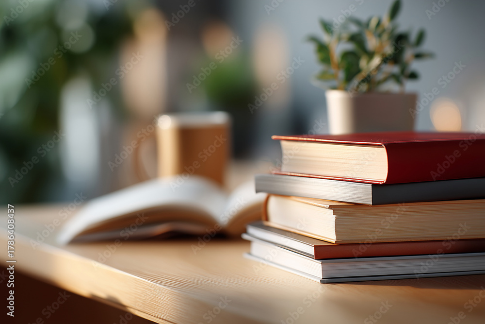 Fototapeta premium A stack of books is on a table next to a mug