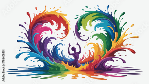 Vibrant silhouette celebrates life amidst a joyful explosion of rainbow color splashes and swirling paint creating an artistic heart shape