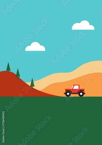 Flat design illustration Red off-road vehicle explores vibrant natural landscape with rolling hills and clear blue sky, embodying adventure and journey