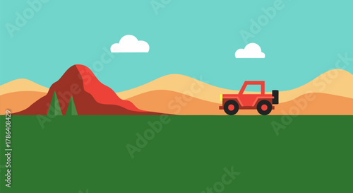 Red vehicle traversing a landscape with mountains, flat design illustrating exploration and adventure