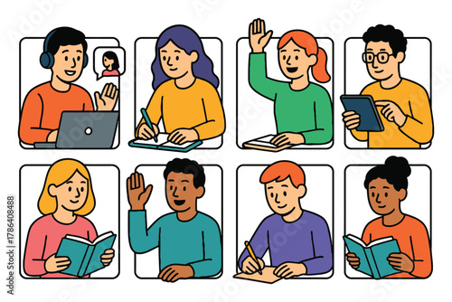 Diverse group of students learning remotely and in person with books and laptops