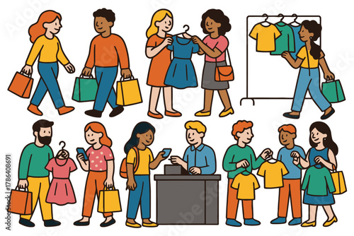 Diverse group of people shopping for clothes at a retail store with bags