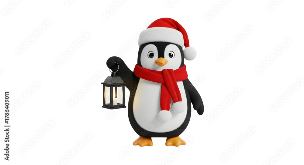 Obraz premium Cute christmas penguin holding a lantern isolated on transparent background