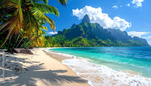 Fototapeta Naklejka Na Ścianę i Meble -  Beach scene with palm trees, light sand, turquoise sea, and mountain in background under blue sky and white clouds