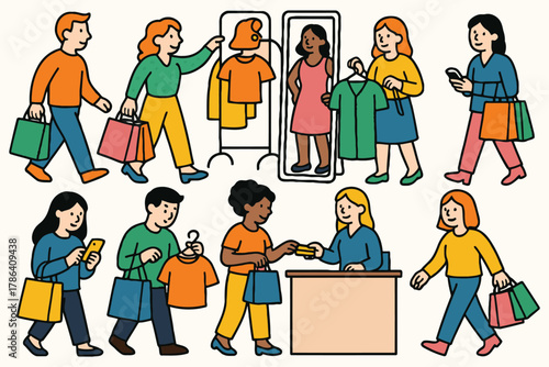 Diverse group of people shopping for clothes and making purchases at a retail store