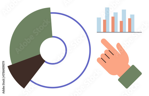 Hand pointing at colorful pie chart and bar graph for interpreting statistics, analyzing trends, and making informed business decisions. Ideal for data, business, analysis, research, report