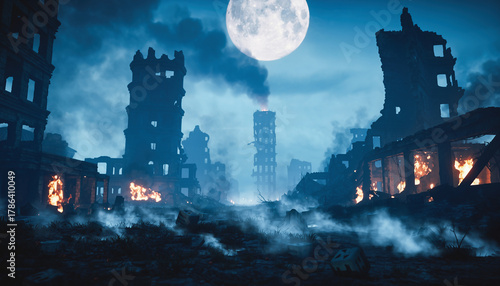 Cinematic view of a destroyed city in ruins, burning at night under a full moon.