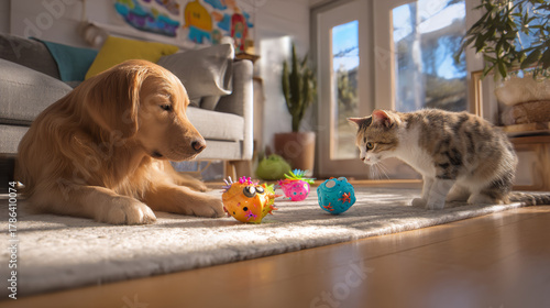 Golden Retriever dog and cat playing with pet toys