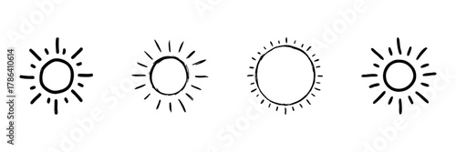 Sun Icon Set In Doodle Style. Weather, Energy, And Brightness Symbols Outline Sketch Collection. Hand Drawn Isolated Vector Illustration