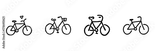 Bicycle Line Icon Set In Doodle Style. Cycling, Transportation, And Eco-Friendly Travel Outline Sketch Collection. Hand Drawn Isolated Vector Illustration