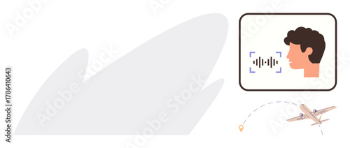 Visual of a human profile with voice authentication and sound wave, alongside airplane navigation visuals. Ideal for travel security, biometrics, identity, technology, innovation, safety