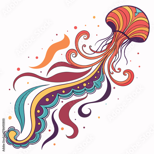 Colorful tribal swirl pattern illustration with a floral leaf vector design element and fire curve decorColorful tribal swirl pattern illustration with a floral leaf vector design element and fire cur