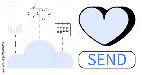 Cloud with connecting lines to bar chart, puzzle pieces, and calendar large heart icon and send button. Ideal for connection, collaboration, communication, technology, networking, digital