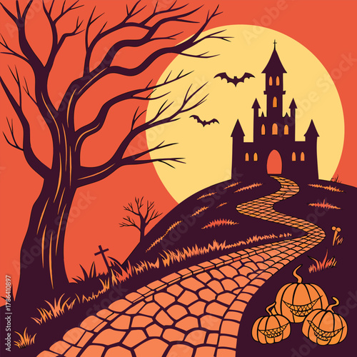 Haunted castle silhouette illustration at night with spooky pumpkin, bats, and a full moon for a dark Halloween background