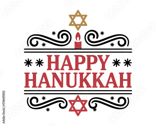 Happy Hanukkah decorative greeting with Star of David and candle.