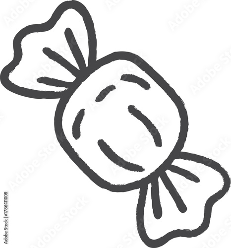 Simple hand-drawn outline of a wrapped candy, illustrated in a playful festive doodle style for holiday or sweet-themed designs.