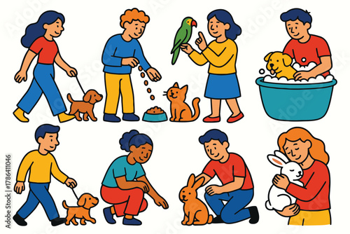 Diverse people interacting with various pets in a playful and caring illustrated collection