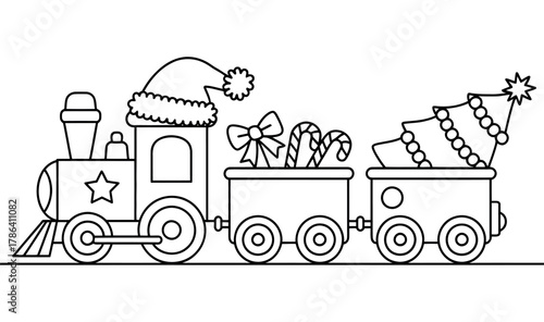 A Christmas train carries presents and a decorated tree, ready for holiday delivery.