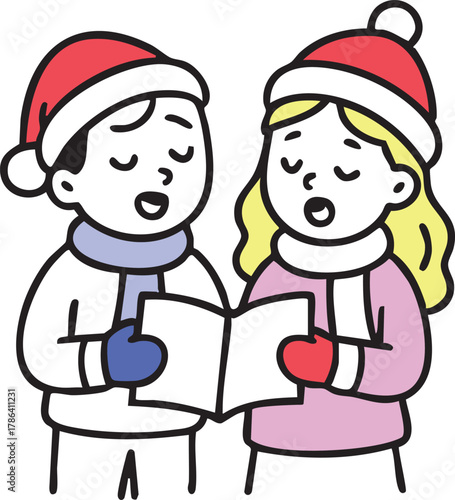 Cute boy and girl wearing Santa hats and winter clothes sing Christmas carols together while holding a songbook.