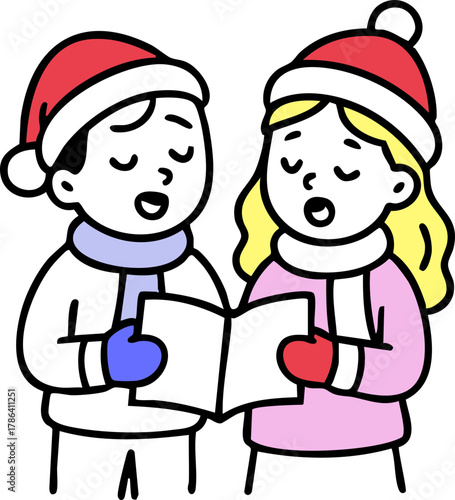 Cute boy and girl wearing Santa hats and winter clothes sing Christmas carols together while holding a songbook.