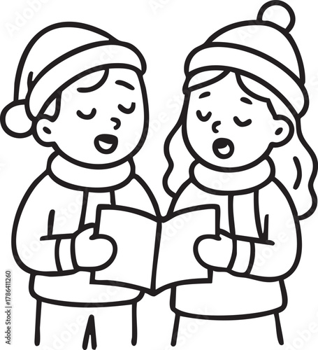 Two children wearing Santa hats and winter clothes sing Christmas carols together, holding a shared songbook.