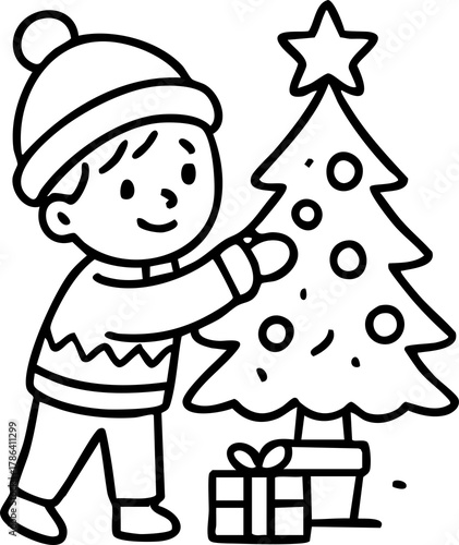 Black and white outline of Santa Claus smiling and waving while standing in a chimney with a sack of presents.