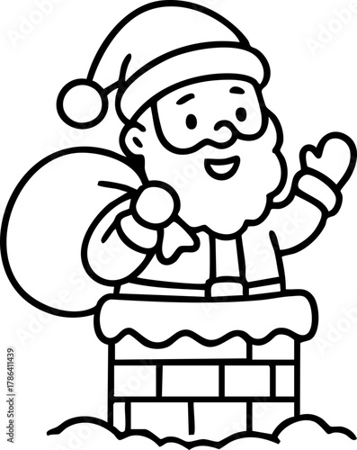 Outline drawing of Santa Claus waving cheerfully while holding a gift bag and standing in a snow-covered chimney.