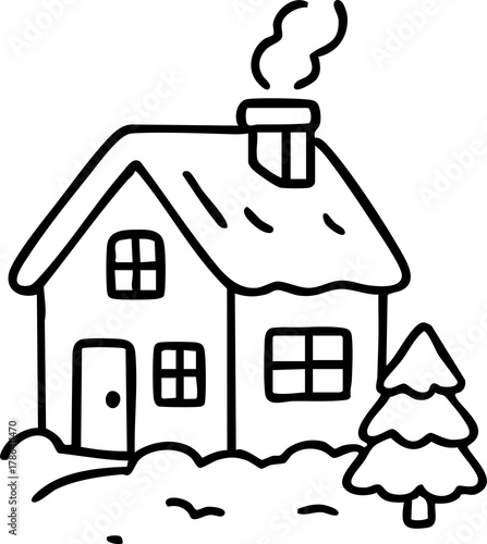 Black and white outline of a cozy winter house with a snow-covered roof, glowing windows, and a small pine tree beside it.
